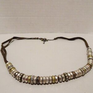 Fossil Brown Leather Necklace Hammered Metal Beads Rhinestone Charms Clasp